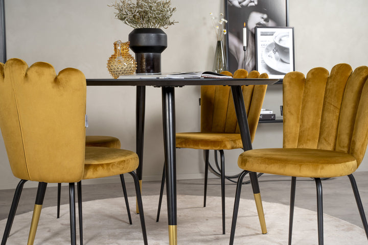 Venture Home Dipp Dining Table - 115cm - Black Veneer / black legs w brass dipp +Limhamn Light - Chair - Gold Velvet_4