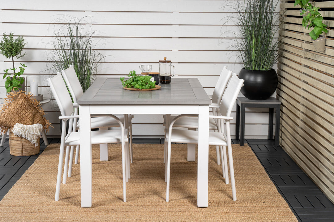 Venture Home Albany Dining Table 152/210*90 - White Alu / Grey Aintwood+Santorini Arm Chair (Stackable) - White Alu / White Textilene_4