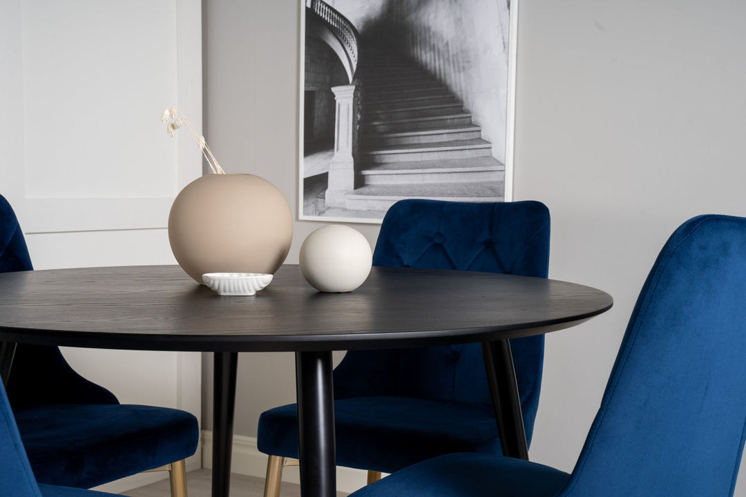 Venture Home Dipp Dining Table - 115cm - Black Veneer / black legs w brass dipp - Velvet Deluxe Chair - Blue/Matt Brass Leg 4