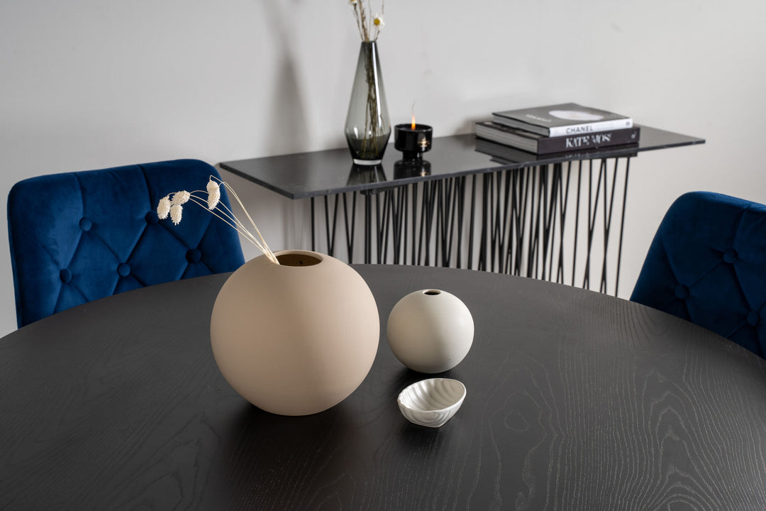 Venture Home Dipp Dining Table - 115cm - Black Veneer / black legs w brass dipp - Velvet Deluxe Chair - Blue/Matt Brass Leg 4