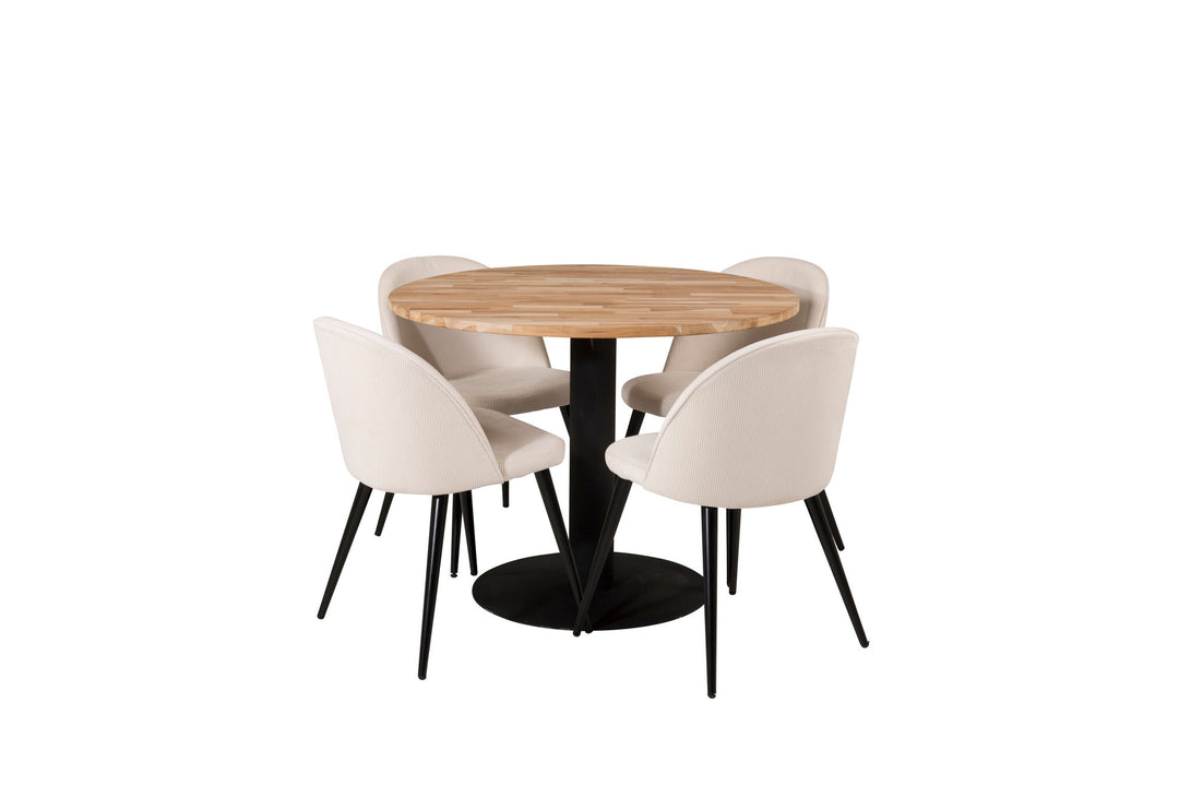 Venture Home Cirebon Round Table - 100cm - Teak / Black +Velvet Dining Chair - Black Legs /