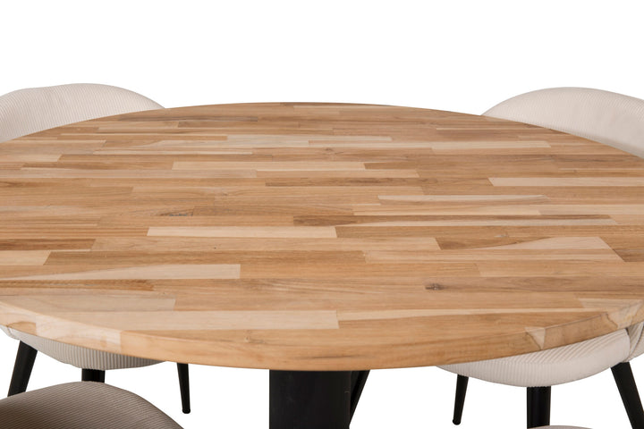 Venture Home Cirebon Round Table - 100cm - Teak / Black +Velvet Dining Chair - Black Legs /