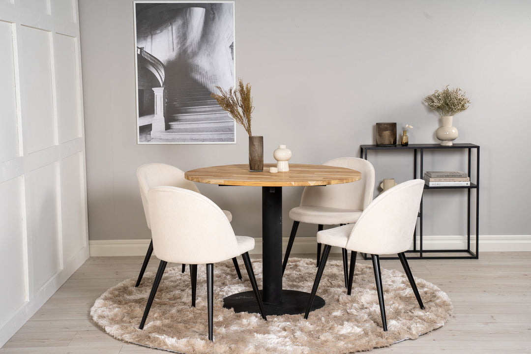 Venture Home Cirebon Round Table - 100cm - Teak / Black +Velvet Dining Chair - Black Legs /