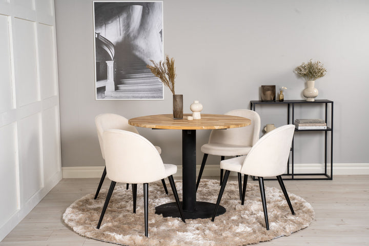 Venture Home Cirebon Round Table - 100cm - Teak / Black +Velvet Dining Chair - Black Legs /