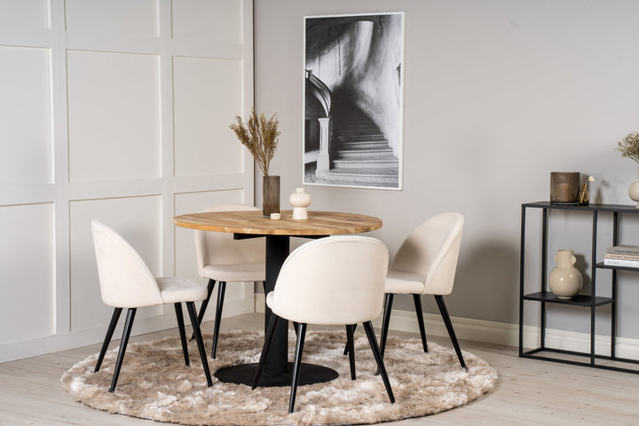 Venture Home Cirebon Round Table - 100cm - Teak / Black +Velvet Dining Chair - Black Legs /