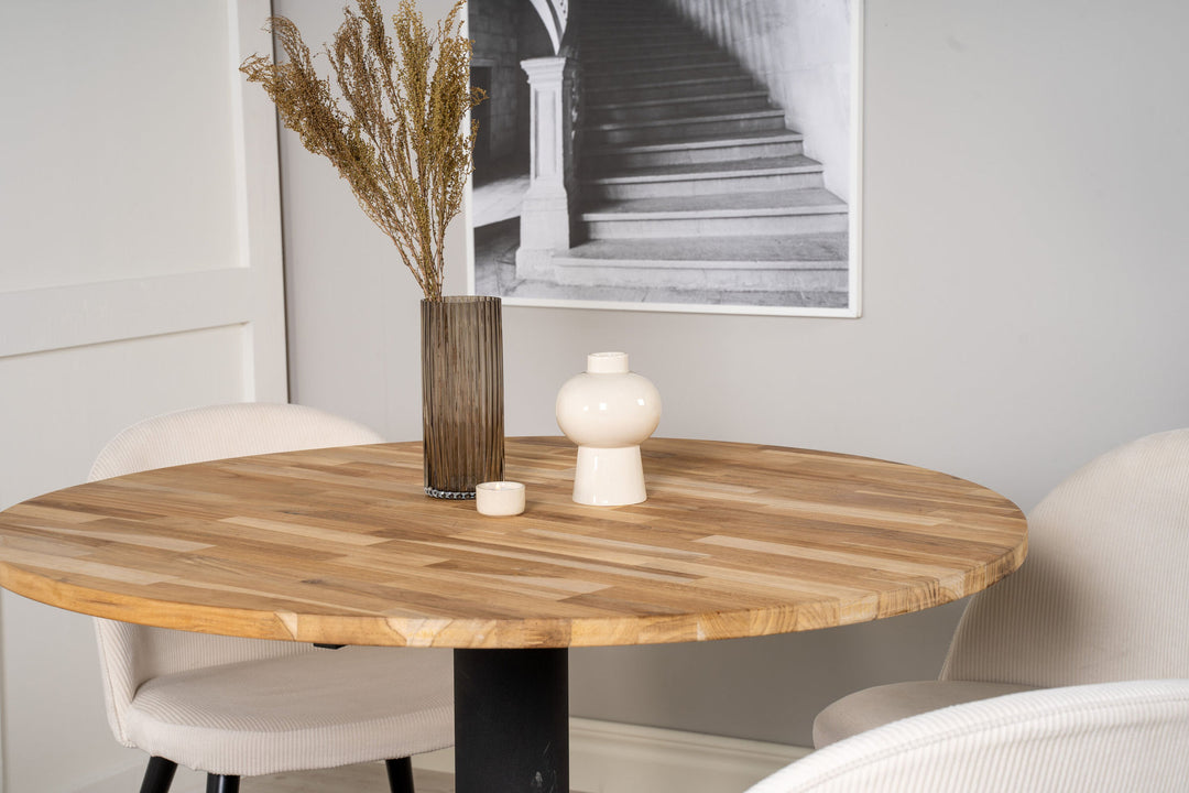 Venture Home Cirebon Round Table - 100cm - Teak / Black +Velvet Dining Chair - Black Legs /