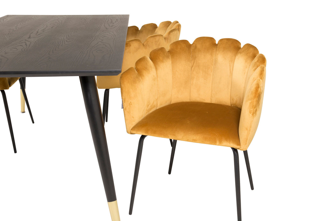 Venture Home Dipp Dining Table - 180*90cm - Black Veneer / black legs w brass dipp +Limhamn - Chair - Gold Velvet_4