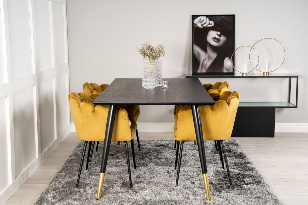 Venture Home Dipp Dining Table - 180*90cm - Black Veneer / black legs w brass dipp +Limhamn - Chair - Gold Velvet_4