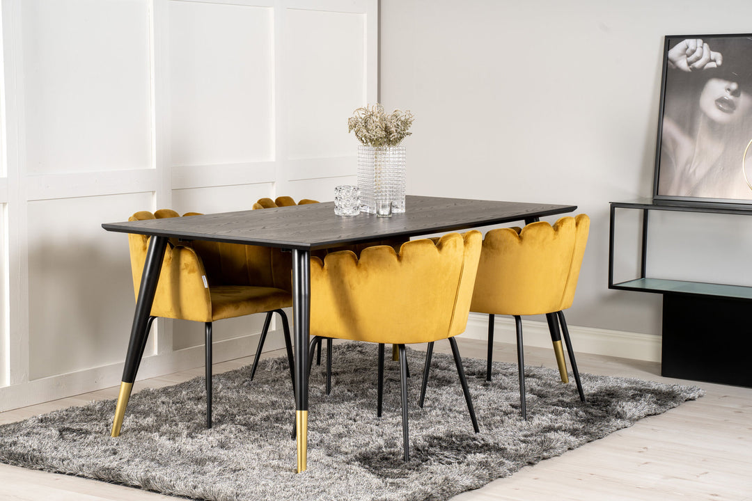 Venture Home Dipp Dining Table - 180*90cm - Black Veneer / black legs w brass dipp +Limhamn - Chair - Gold Velvet_4