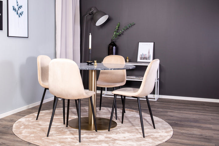 Venture Home Estelle runt Matbord - Borstad Mässing / Svart marmor - ø106*H75+Polar Dining Chair - Black legs / Beige Velvet_4