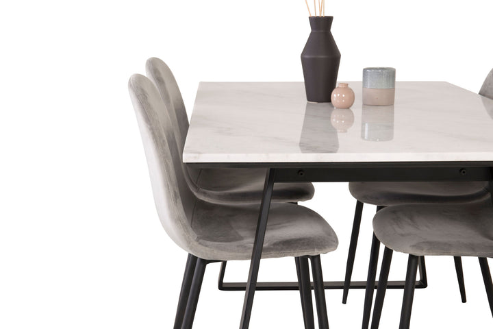 Venture Home Estelle Dining Table 140*90 - White Marble / Black Legs+Polar Dining Chair - Black legs / Light Grey Velvet_4