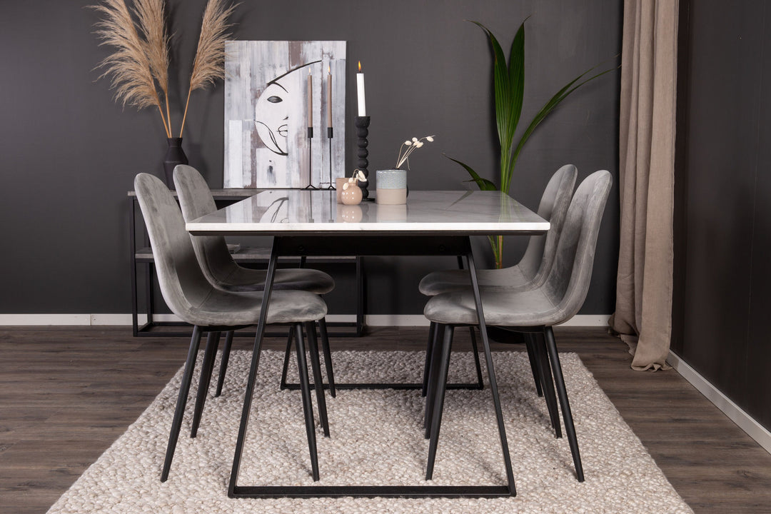 Venture Home Estelle Dining Table 140*90 - White Marble / Black Legs+Polar Dining Chair - Black legs / Light Grey Velvet_4