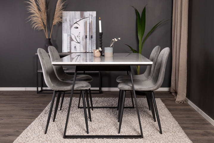 Venture Home Estelle Dining Table 140*90 - White Marble / Black Legs+Polar Dining Chair - Black legs / Light Grey Velvet_4