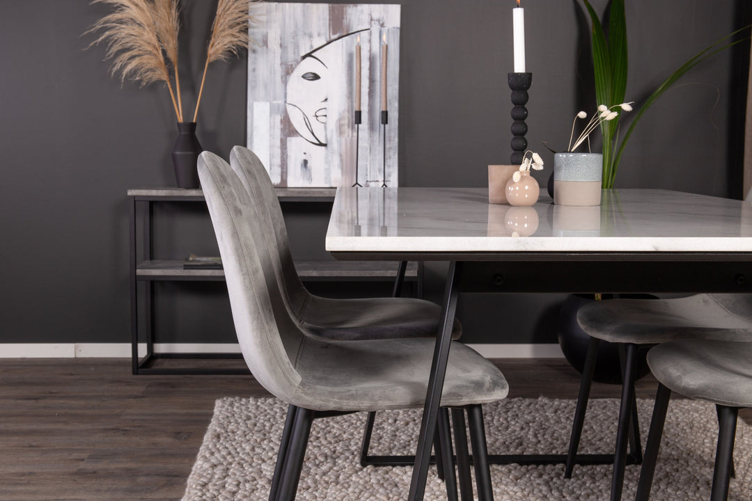 Venture Home Estelle Dining Table 140*90 - White Marble / Black Legs+Polar Dining Chair - Black legs / Light Grey Velvet_4