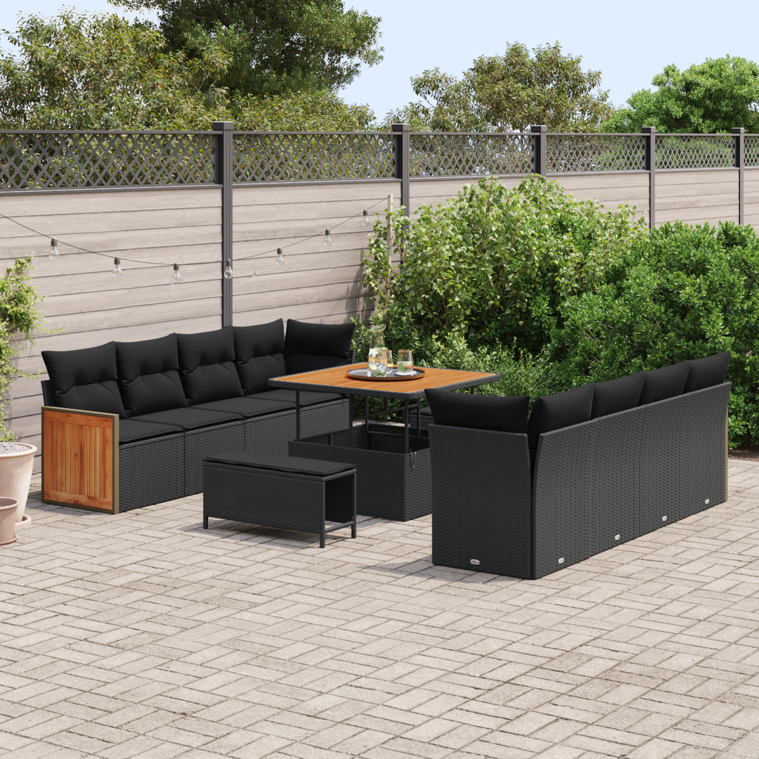 Havesofa Sæt 11 pcs Sort Poly Rattan og pulverlakeret stål