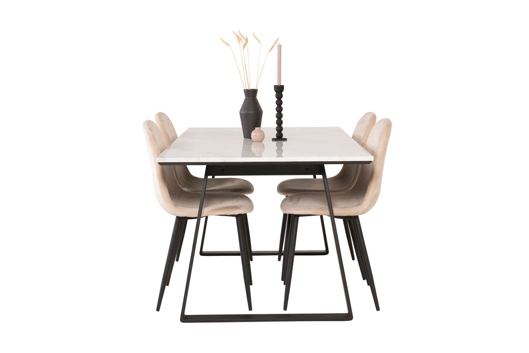 Venture Home Estelle Dining Table 140*90 - White Marble / Black Legs+Polar Dining Chair - Black legs / Beige Velvet_4