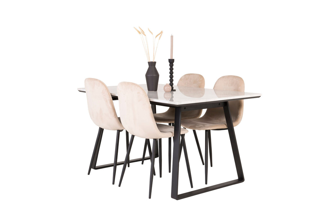 Venture Home Estelle Dining Table 140*90 - White Marble / Black Legs+Polar Dining Chair - Black legs / Beige Velvet_4