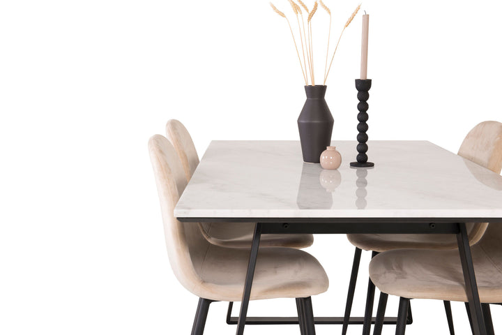 Venture Home Estelle Dining Table 140*90 - White Marble / Black Legs+Polar Dining Chair - Black legs / Beige Velvet_4