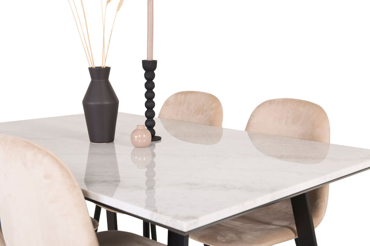 Venture Home Estelle Dining Table 140*90 - White Marble / Black Legs+Polar Dining Chair - Black legs / Beige Velvet_4