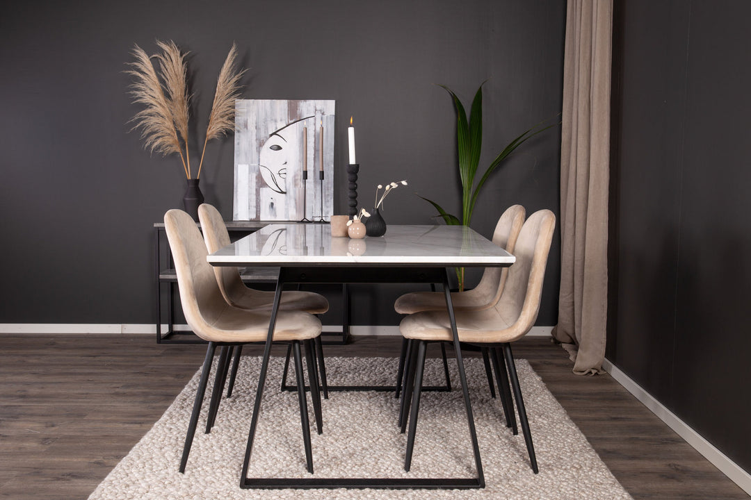 Venture Home Estelle Dining Table 140*90 - White Marble / Black Legs+Polar Dining Chair - Black legs / Beige Velvet_4
