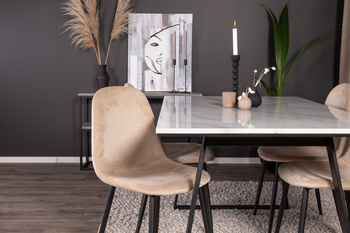 Venture Home Estelle Dining Table 140*90 - White Marble / Black Legs+Polar Dining Chair - Black legs / Beige Velvet_4