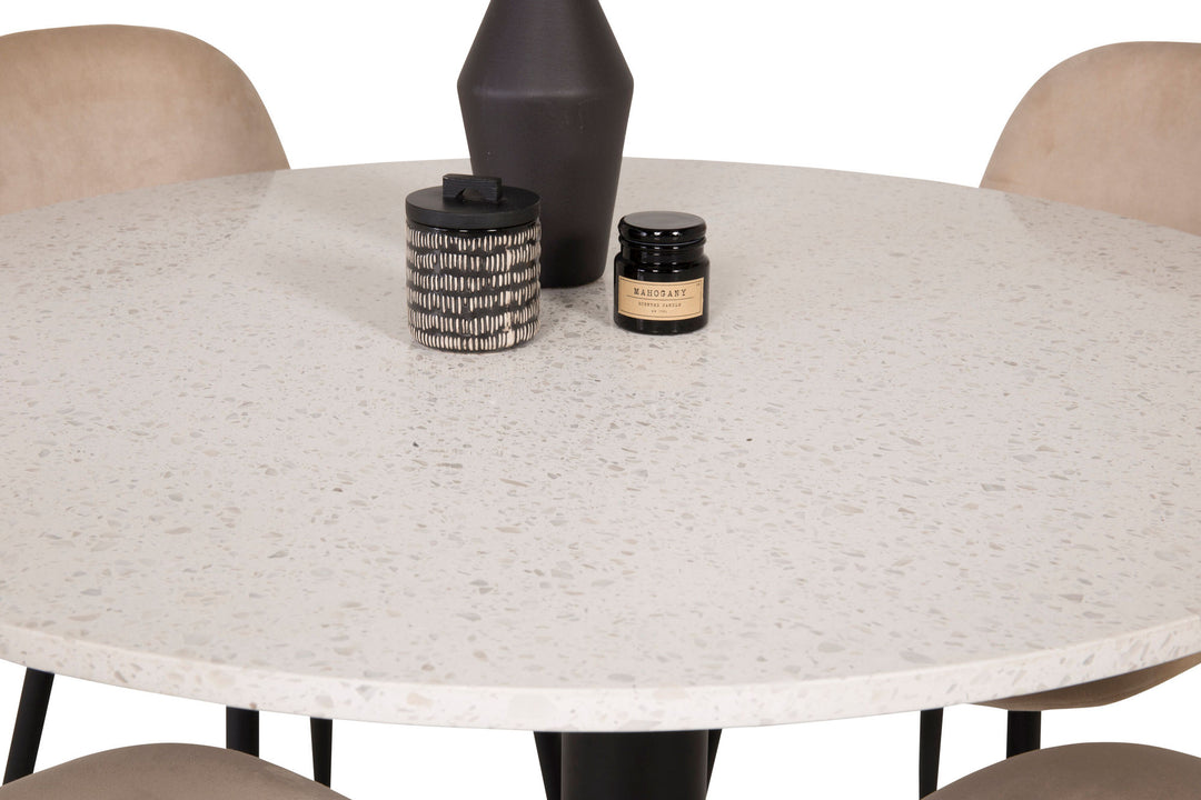 Venture Home Razzia Dining Table 106cm - White Terazzo / Black+Polar Dining Chair - Black legs / Beige Velvet_4