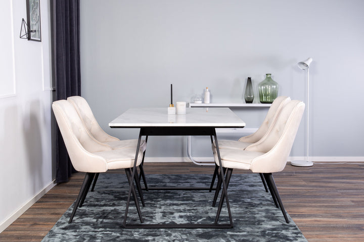 Venture Home Estelle Dining Table 140*90 - White Marble / Black Legs - Velvet Deluxe Dining Chair - Black legs / Beige velvet 4