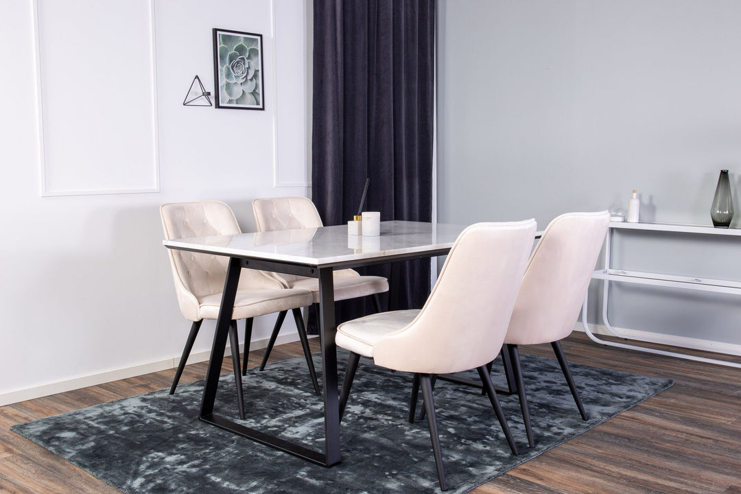 Venture Home Estelle Dining Table 140*90 - White Marble / Black Legs - Velvet Deluxe Dining Chair - Black legs / Beige velvet 4
