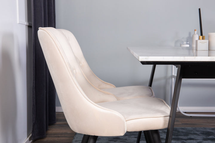 Venture Home Estelle Dining Table 140*90 - White Marble / Black Legs - Velvet Deluxe Dining Chair - Black legs / Beige velvet 4