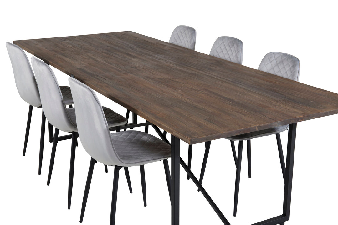 Venture Home Padang Dining Table - 250*100*H76 - Dark Teak / Black+Polar Diamond Dining Chair - Black Legs - Grey Velvet_6
