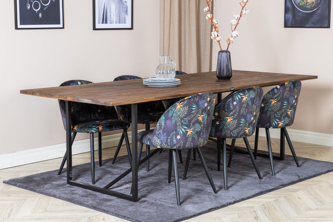 Venture Home Padang Dining Table - 250*100*H76 - Dark Teak / Black+Velvet Dining Chair - Black Flower fabric_6