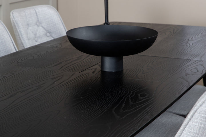 Venture Home Gold Extention table - 180/220*85*H76 Black Veneer - Black legs - Brass details+Velvet Deluxe Dining Chair - Black Legs - Light Grey Fabric_6