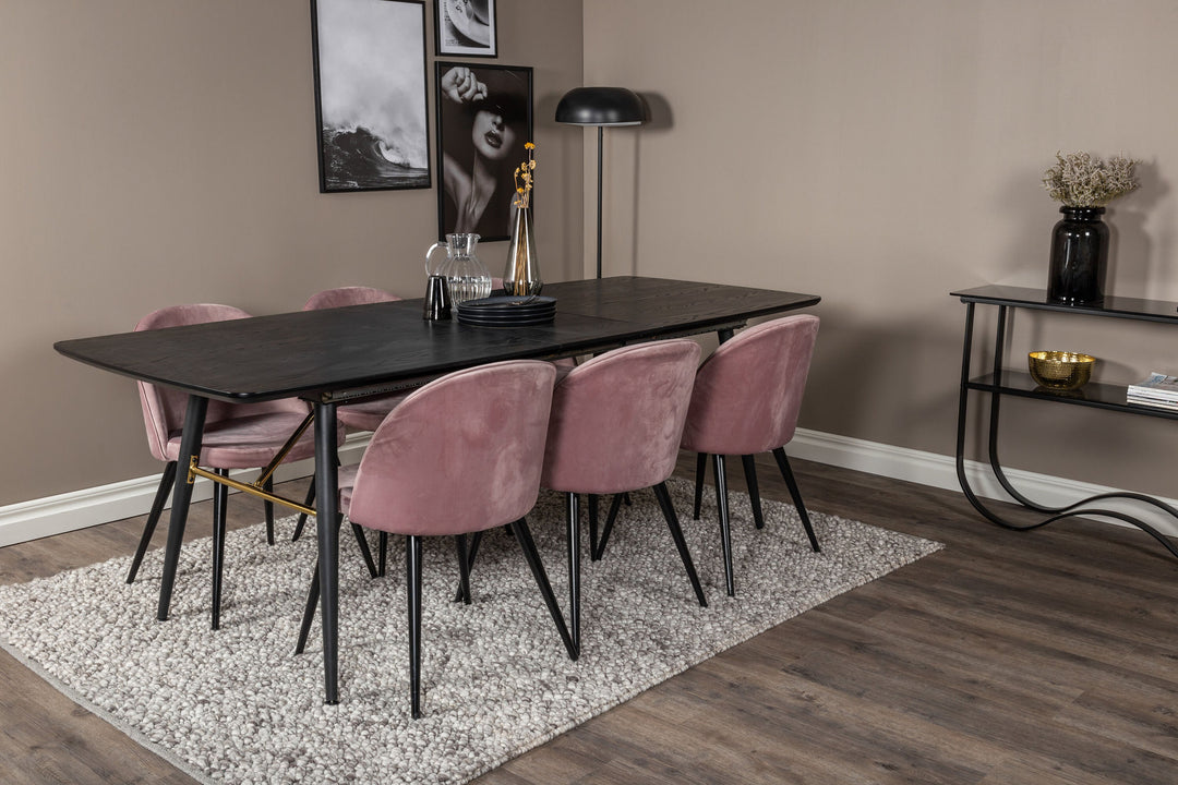 Venture Home Gold Extention table - 180/220*85*H76 Black Veneer - Black legs - Brass details+Velvet Dining Chair - Pink / Black_6