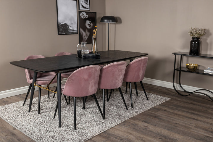 Venture Home Gold Extention table - 180/220*85*H76 Black Veneer - Black legs - Brass details+Velvet Dining Chair - Pink / Black_6