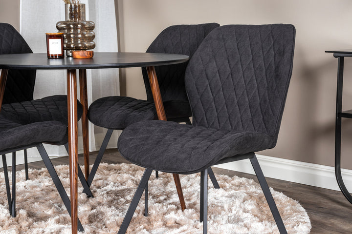 Venture Home Plaza Round Table 100 cm - Black Top - Walnut legs+Gemma Dining Chair - Black Legs - Black Fabric_4
