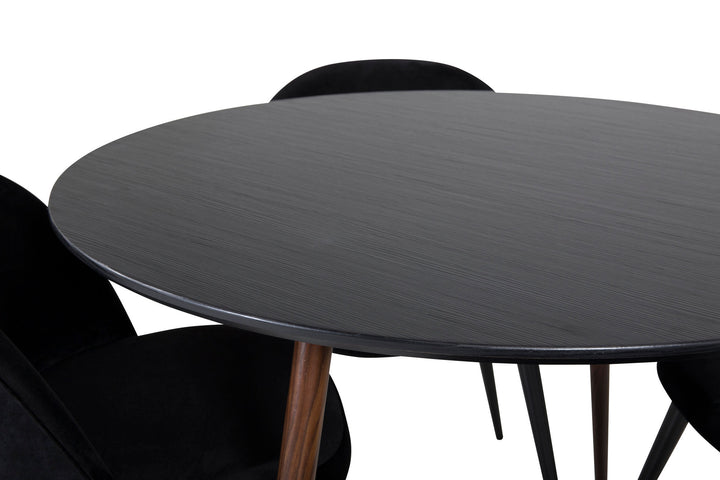 Venture Home Plaza Round Table 100 cm - Black Top - Walnut legs+Velvet Dining Chair - Black / Black_4