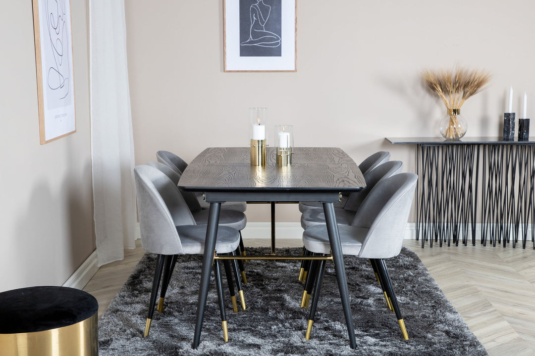 Venture Home Gold Extention table - 180/220*85*H76 Black Veneer - Black legs - Brass details+Velvet Dining Chair Brass - Light Grey / Black_6