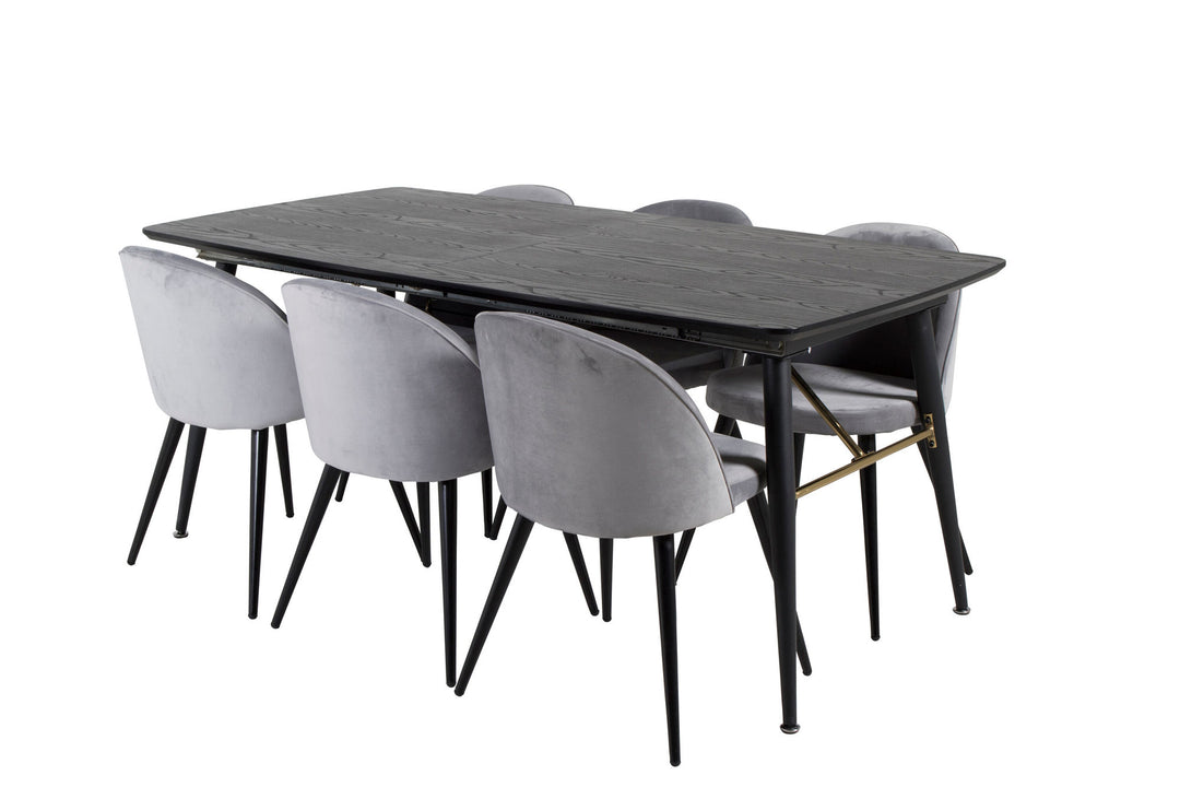 Venture Home Gold Extention table - 180/220*85*H76 Black Veneer - Black legs - Brass details+Velvet Dining Chair - Light Grey / Black_6