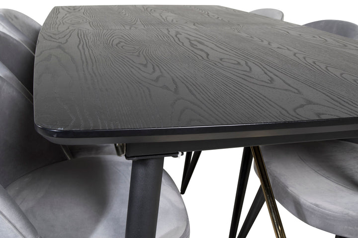 Venture Home Gold Extention table - 180/220*85*H76 Black Veneer - Black legs - Brass details+Velvet Dining Chair - Light Grey / Black_6
