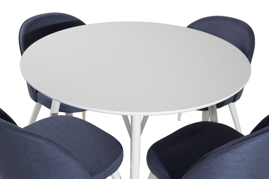 Venture Home Plaza Round Table 100 cm - White top / White Legs+Velvet Dining Chiar - White legs - Blue Fabric_4