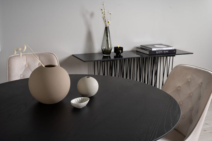 Venture Home Dipp Dining Table - 115cm - Black Veneer / black legs w brass dipp +Velvet Deluxe Dining Chair - Brushed brass leg / Beige Velvet_4