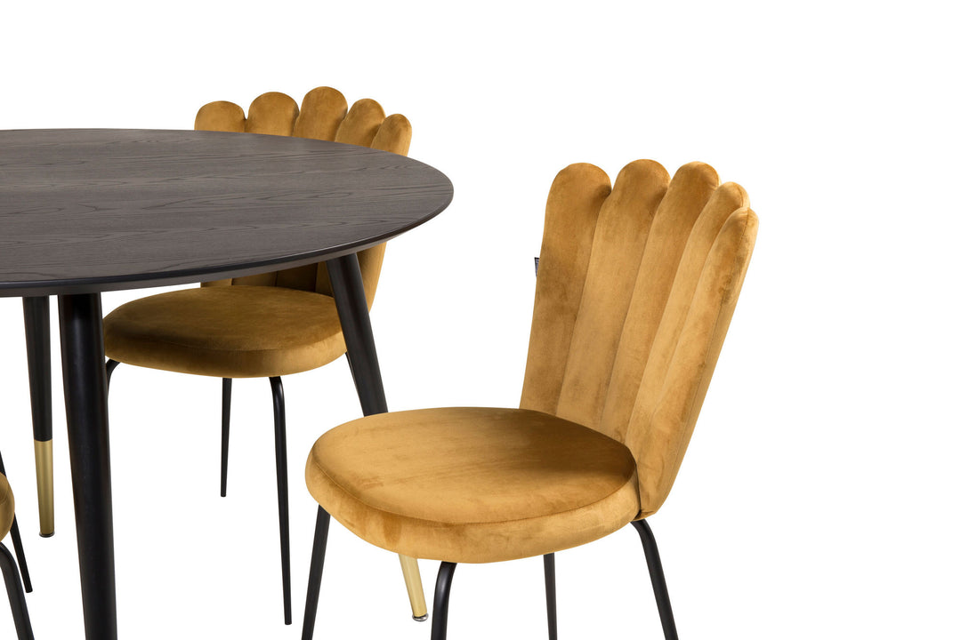 Venture Home Dipp Dining Table - 115cm - Black Veneer / black legs w brass dipp +Limhamn Light - Chair - Gold Velvet_4