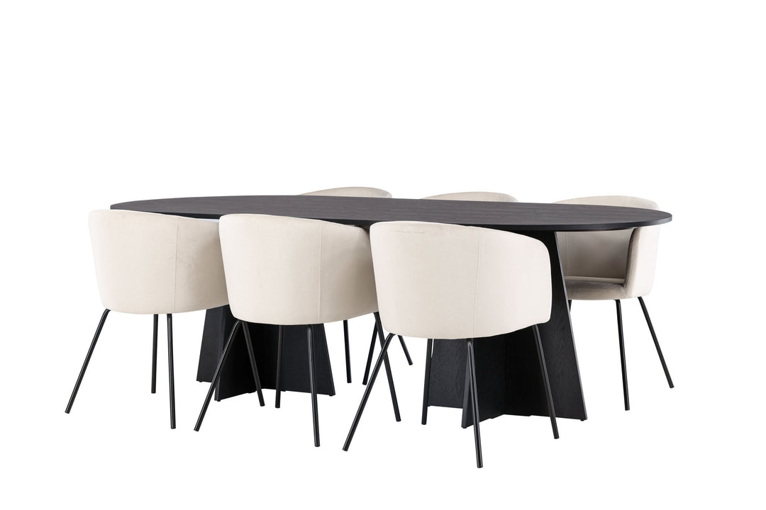 Venture Home Bootcut Oval Dining Table - Black / Black Fanéer +Berit Chair - Black / Beige Velvet _6