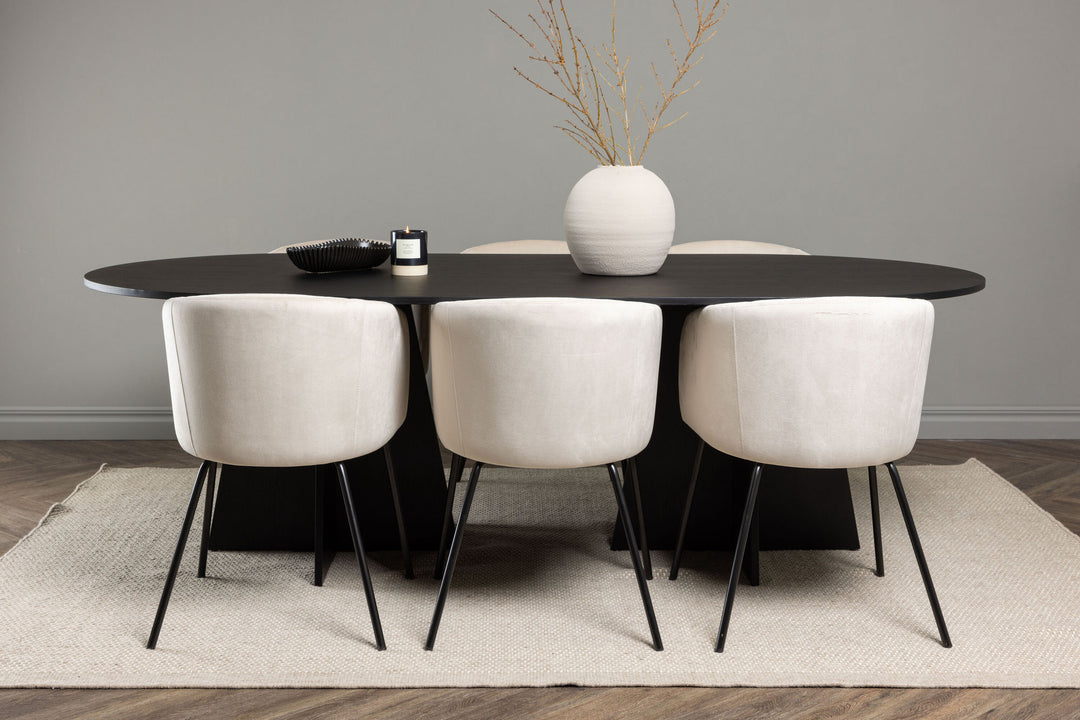 Venture Home Bootcut Oval Dining Table - Black / Black Fanéer +Berit Chair - Black / Beige Velvet _6