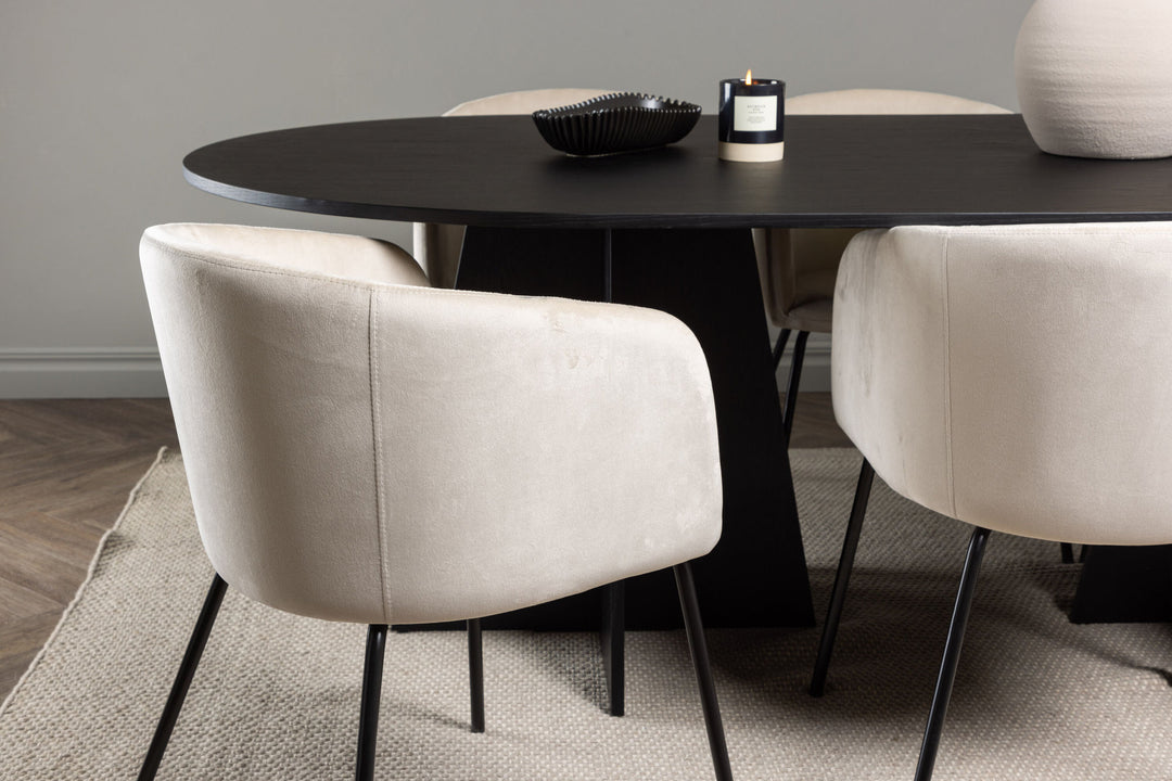 Venture Home Bootcut Oval Dining Table - Black / Black Fanéer +Berit Chair - Black / Beige Velvet _6