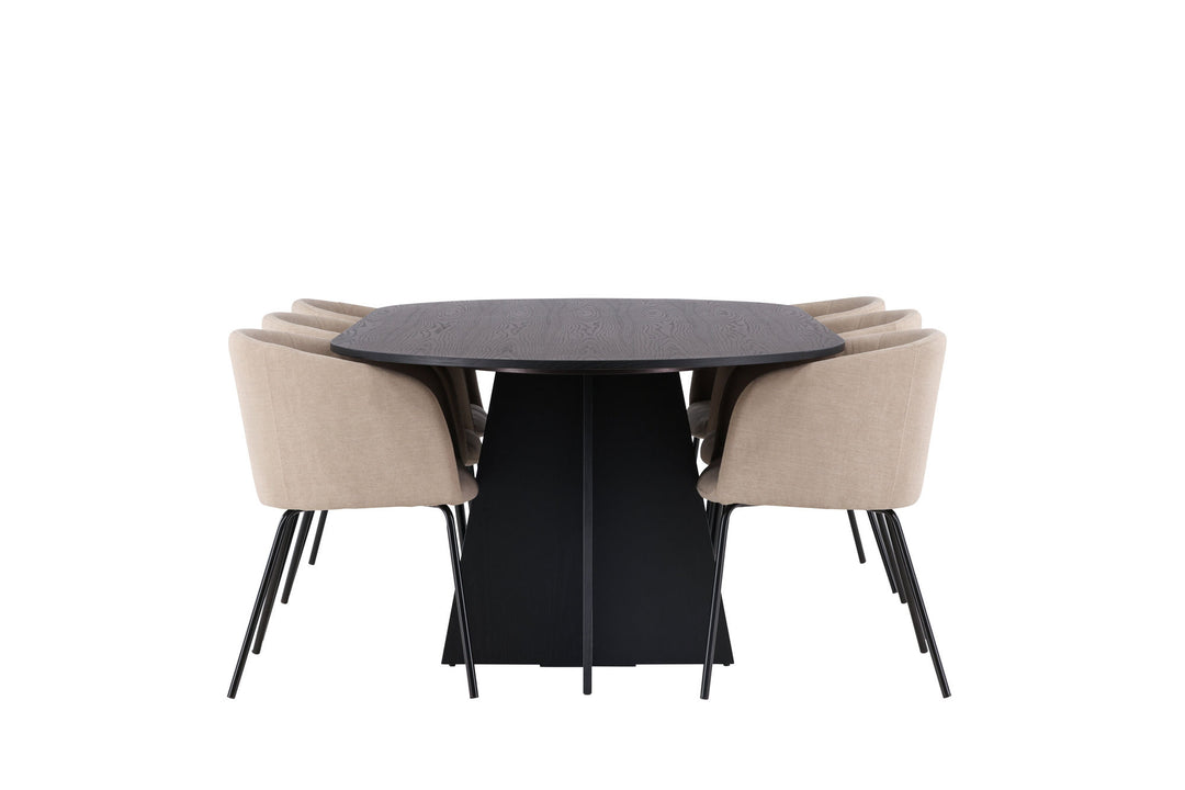 Venture Home Bootcut Oval Dining Table - Black / Black Fanéer +Berit Chair - Black / Beige Fabric (Polyester linen ) _6