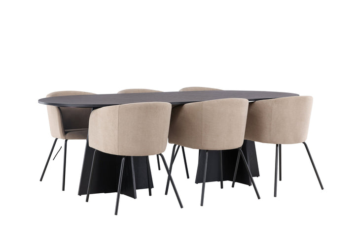 Venture Home Bootcut Oval Dining Table - Black / Black Fanéer +Berit Chair - Black / Beige Fabric (Polyester linen ) _6