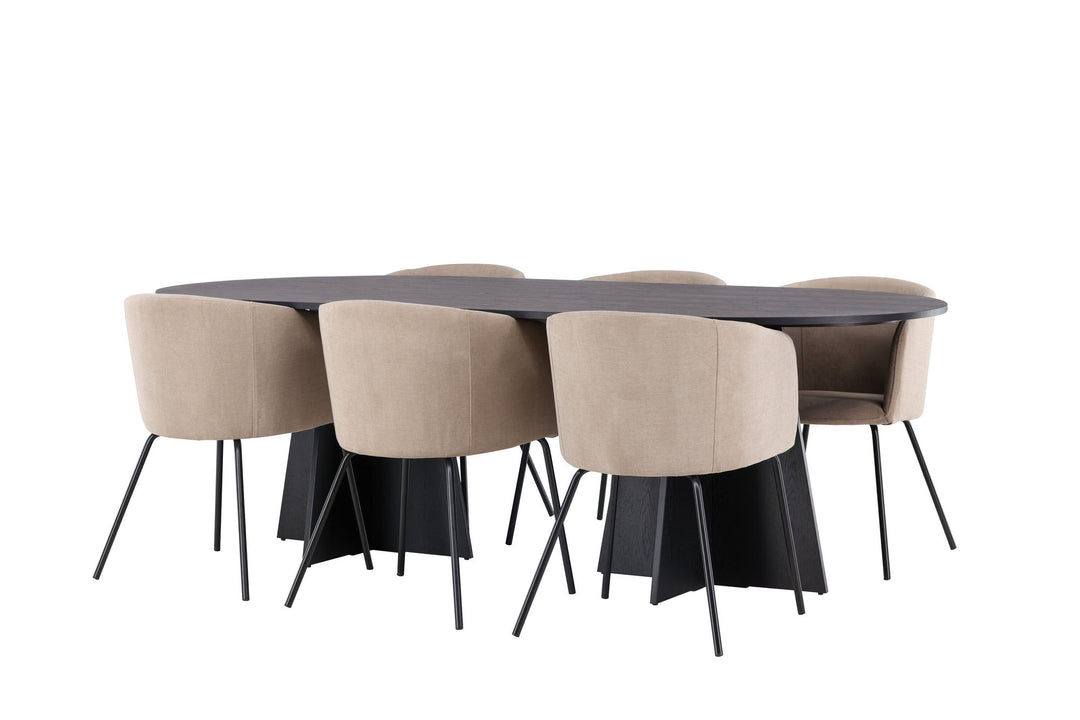 Venture Home Bootcut Oval Dining Table - Black / Black Fanéer +Berit Chair - Black / Beige Fabric (Polyester linen ) _6