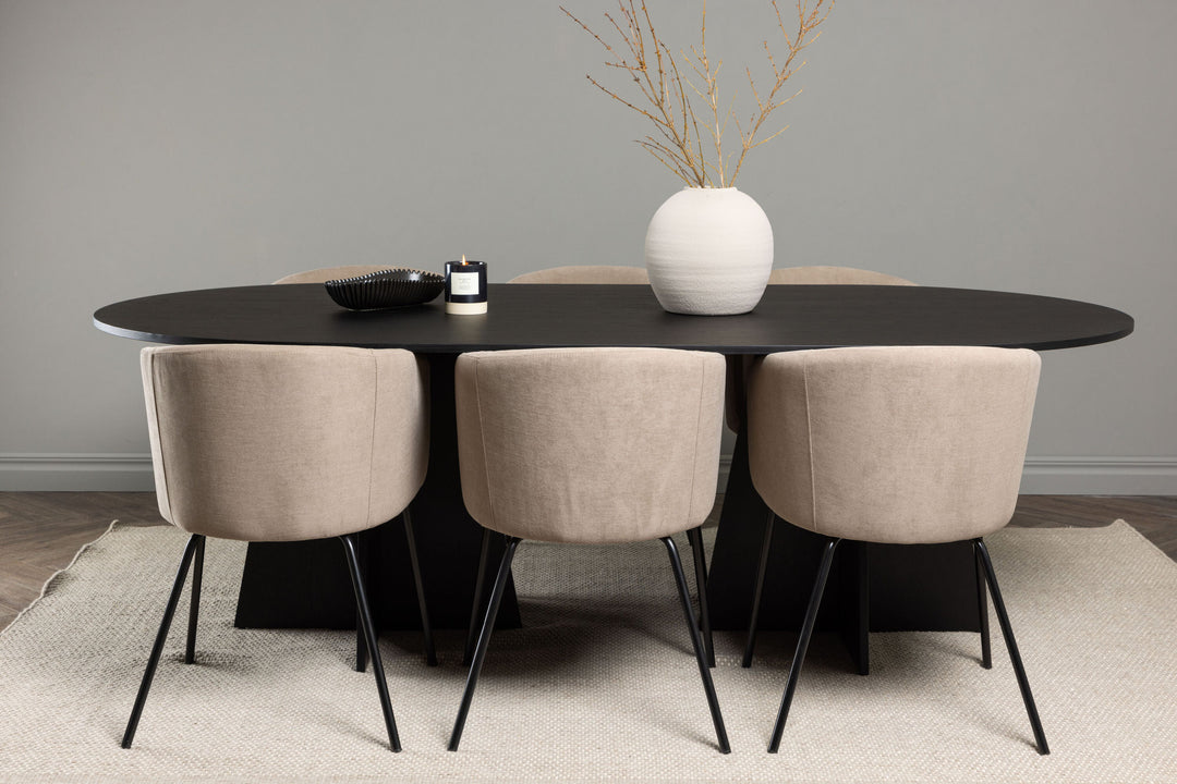 Venture Home Bootcut Oval Dining Table - Black / Black Fanéer +Berit Chair - Black / Beige Fabric (Polyester linen ) _6
