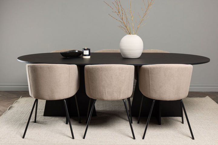 Venture Home Bootcut Oval Dining Table - Black / Black Fanéer +Berit Chair - Black / Beige Fabric (Polyester linen ) _6
